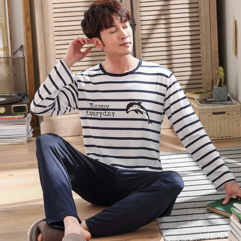 Primavera e outono calças compridas de manga comprida pijamas masculinos homewear solto casual listrado pijamas tamanho grande loungewear