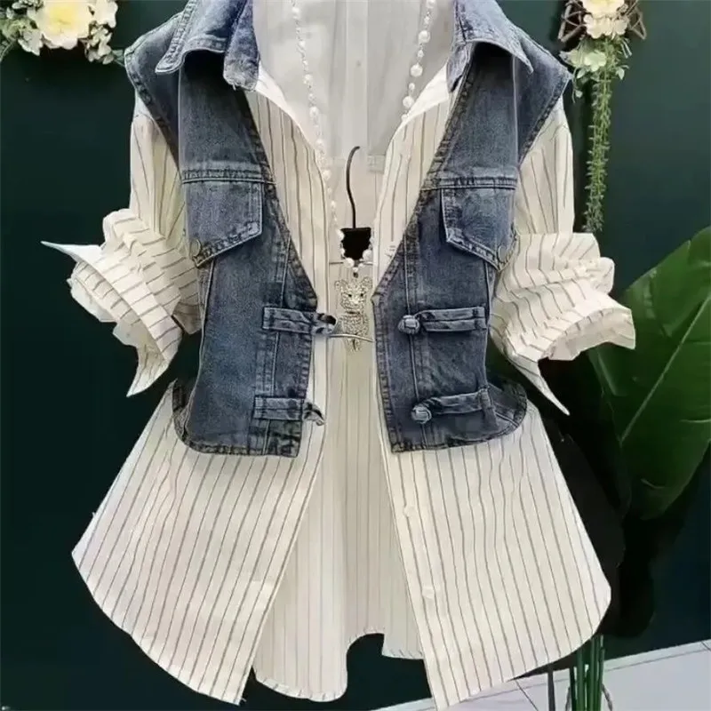 Diseño de moda Sense Chaquetas vaqueras a rayas camisa de mujer Primavera novedad de verano vaquero empalme falso dos piezas camisa abrigo Top mujer