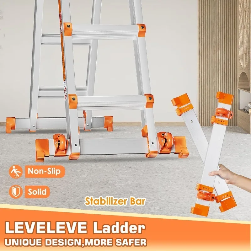Ladder, A Frame 3 Step Ladder, 11FT Extension Ladder with Stabilizer Bar & Wheels,330 lbs Security Load Multi Position Ladder