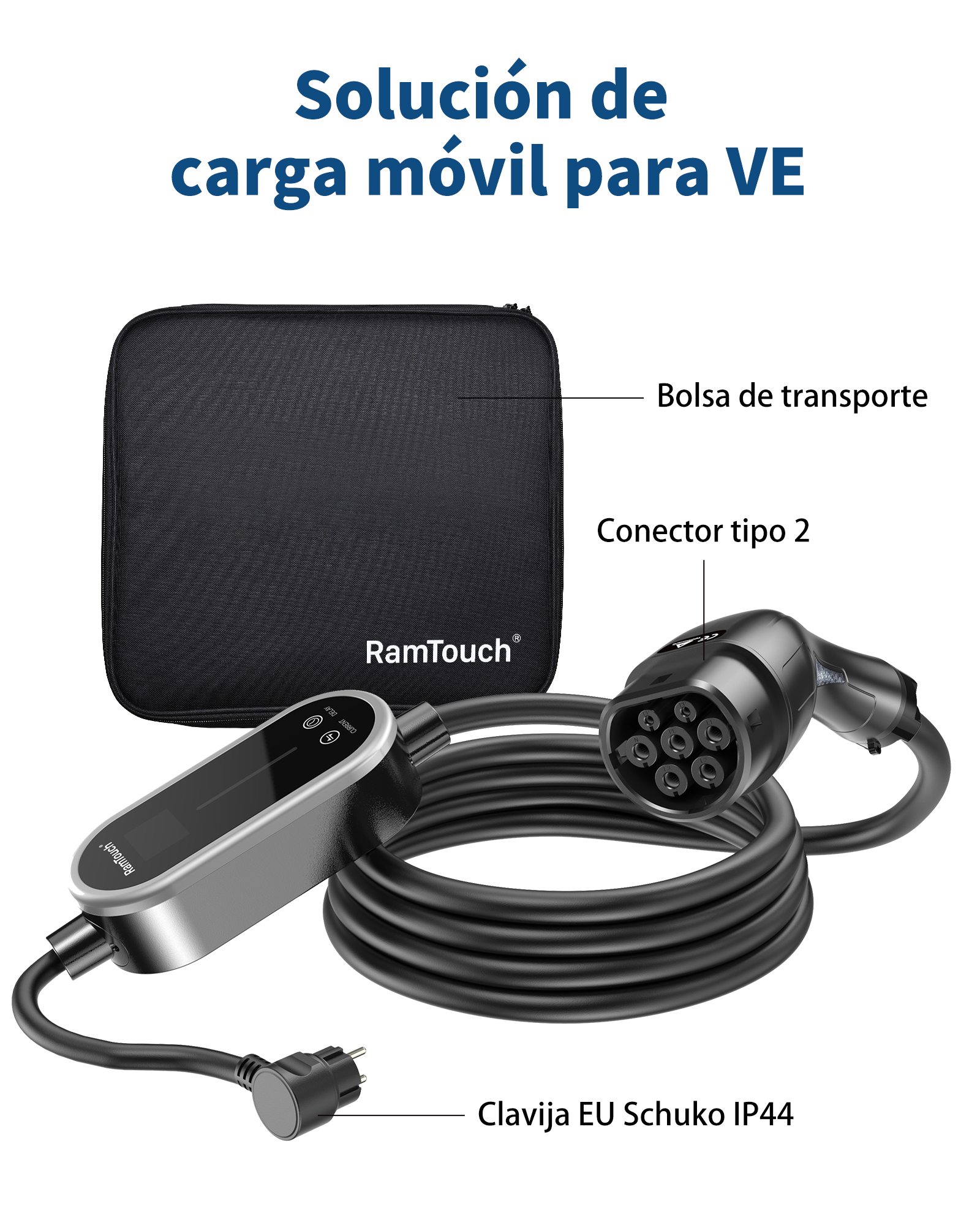RamTouch Cargador Vehículos Eléctricos (Tipo 2, Enchufe Schuko 16A/CEE 32A), Cargador EV con Función de Carga Ajustable de 8A-16A/8-32A y Programación, Compatible con Vehículos Eléctricos e Híbridos