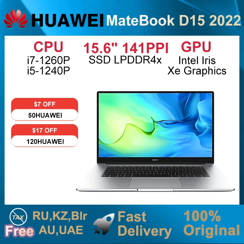 2022 HUAWEI MateBook D15 Netbook 15.6 Inch i5-1240P/i7-1260P 16GB 512GB Laptop Iris Xe Graphics Wifi 6 SSD LPDDR4X