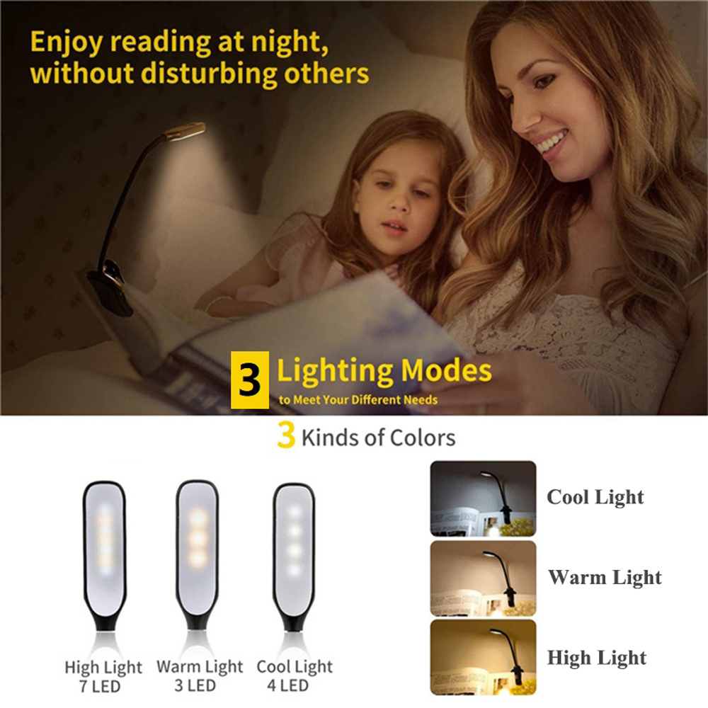 Luz de livro recarregável mini 7 led luz de leitura 3 níveis quente branco fresco flexível fácil clipe lâmpada ler noite lâmpada de leitura na cama