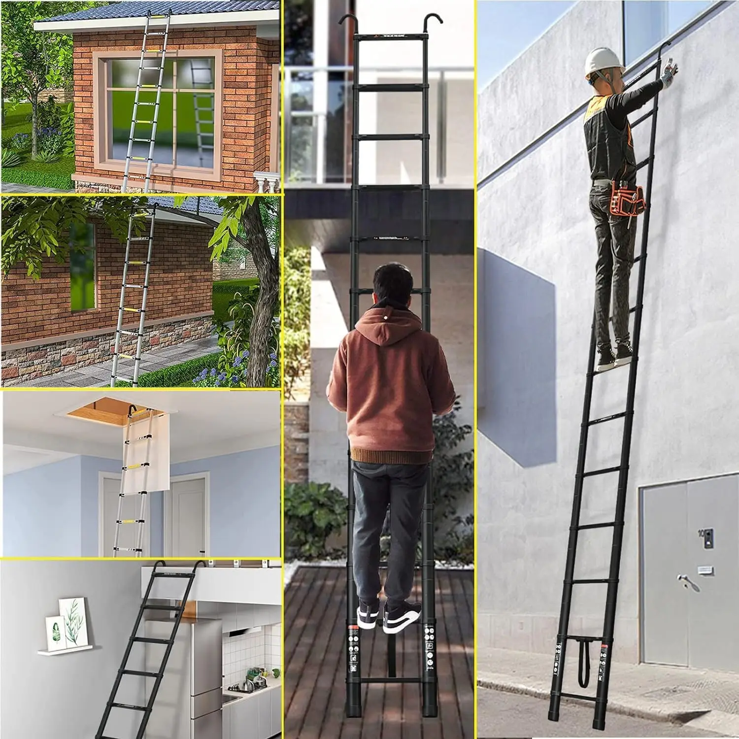 Telescopic Ladder 3.2M Aluminum Telescoping Ladder with Non-Slip Feet,Multi-Purpose Extension Straight Ladder with 2 Hook,150kg