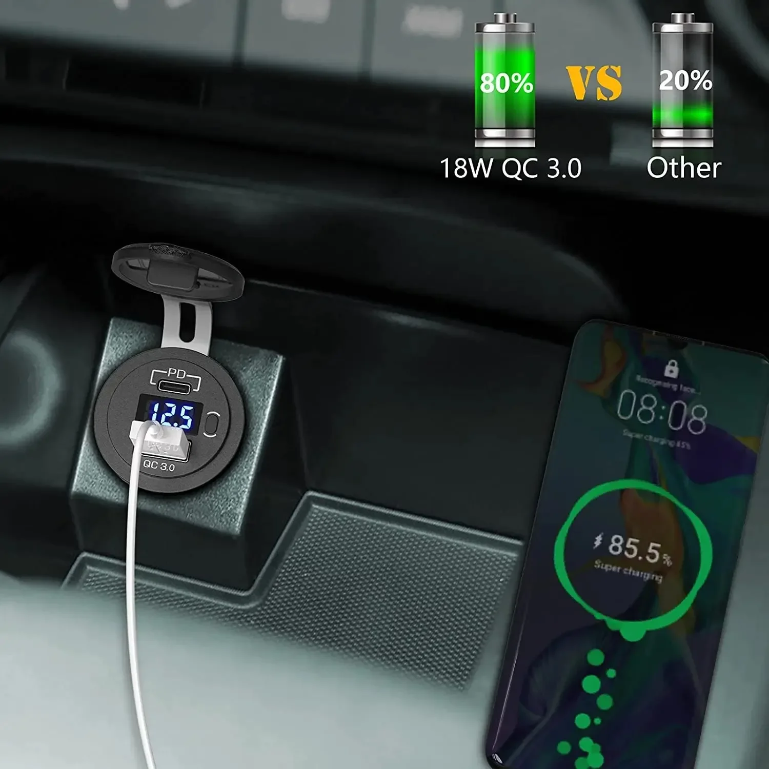 Soquete usb c para carregador de carro, 12v/24v, tomada usb dupla pd3.0 e qc3.0, porta usb para carro com voltímetro led e interruptor liga/desliga