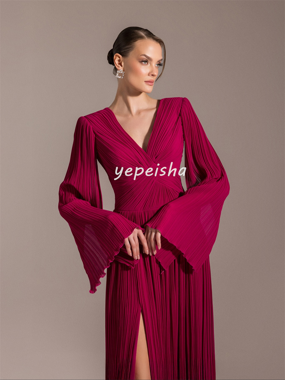 Personalizado requintado retro chiffon cruzado drapeado plissado a linha com decote em v vestidos longos sob medida vestidos de ocasião moda elegante