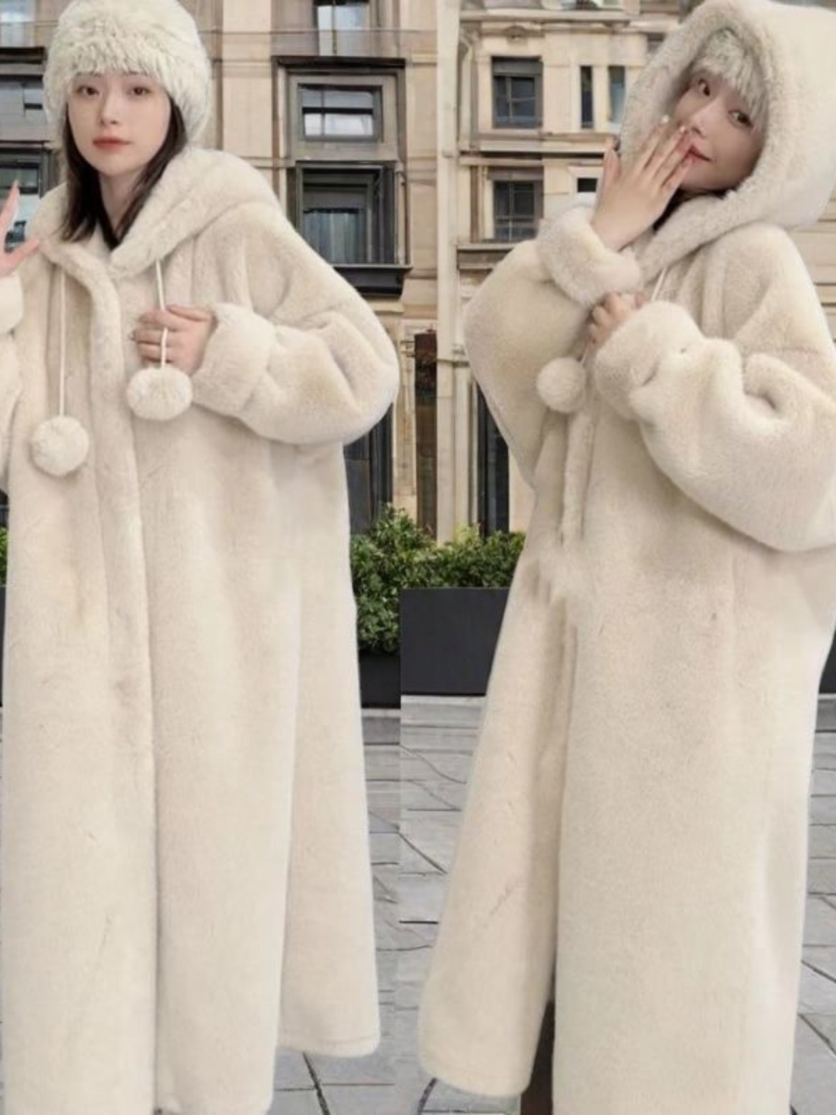Eco-Friendly Faux Leather Long Thickened Hooded Witch Sle Women's Coat Integrated Fur Jacket Street Sle Mid-Length
