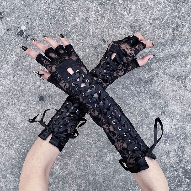 Frauen sexy florale Spitze Ellenbogen Länge Halb finger Handschuhe schwarz String Band bindet Tanz party finger lose Netz handschuhe
