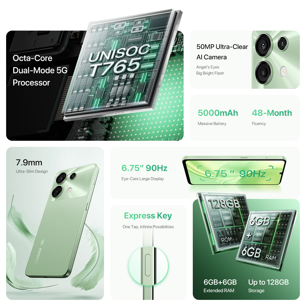 Смартфон UMIDIGI G9 5G 5G Android 14 8-ядерный 6 + 6 ГБ 128 ГБ 6,75 дюйма 90 Гц HD + 50 МП 5000 мАч 18 Вт Зарядка мобильного телефона 5G
