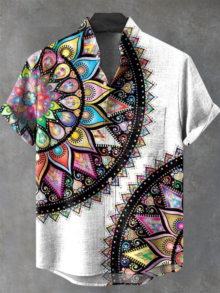 Retro African tribal totem pattern printed men's new linen comfortable fabric short sleeved shirt for casual street wear