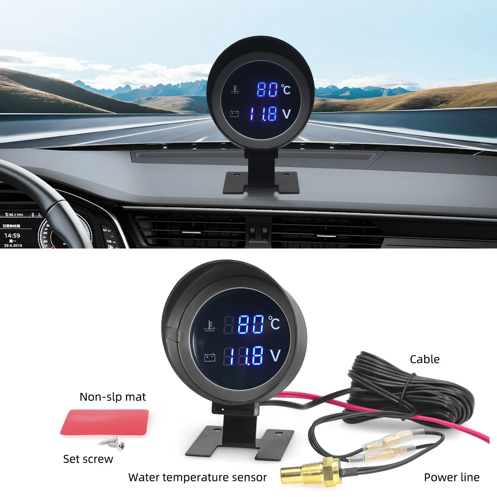 2 in 1 runde LED digitale Wassertemperaturanzeige Voltmeter Volt Spannungsmesser Temperatura Moto für 12V24V Auto LKW Temperatursensor