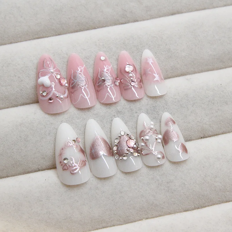 24 Uds. Parches para uñas postizas dulces, puntas de uñas postizas desmontables con lazos, diseño de perlas de corazón de amor, almendra rosa, prensa coreana en las uñas