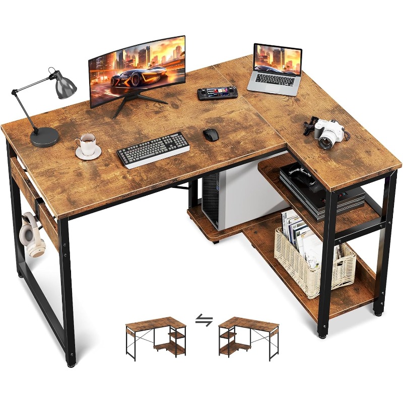 L Shaped Computer Desk, 40 Inch Small Corner Desk with Storage Shelves & PC Stand, Reversible Gaming D