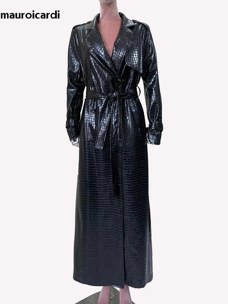 Mauroicardi Frühling Herbst Extra Lange Glänzende Reflektierende Krokodil Druck Pu Leder Trenchcoat für Frauen Luxus Designer Kleidung