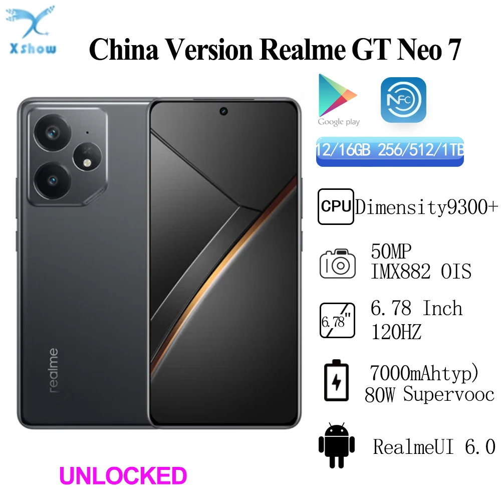 Versión China Realme Neo 7 Dimensity 9300+ IP69 7000mAh 80W Supervooc Región de red Sim desbloqueada 50MP IMX882 6.78 pulgadas OTA