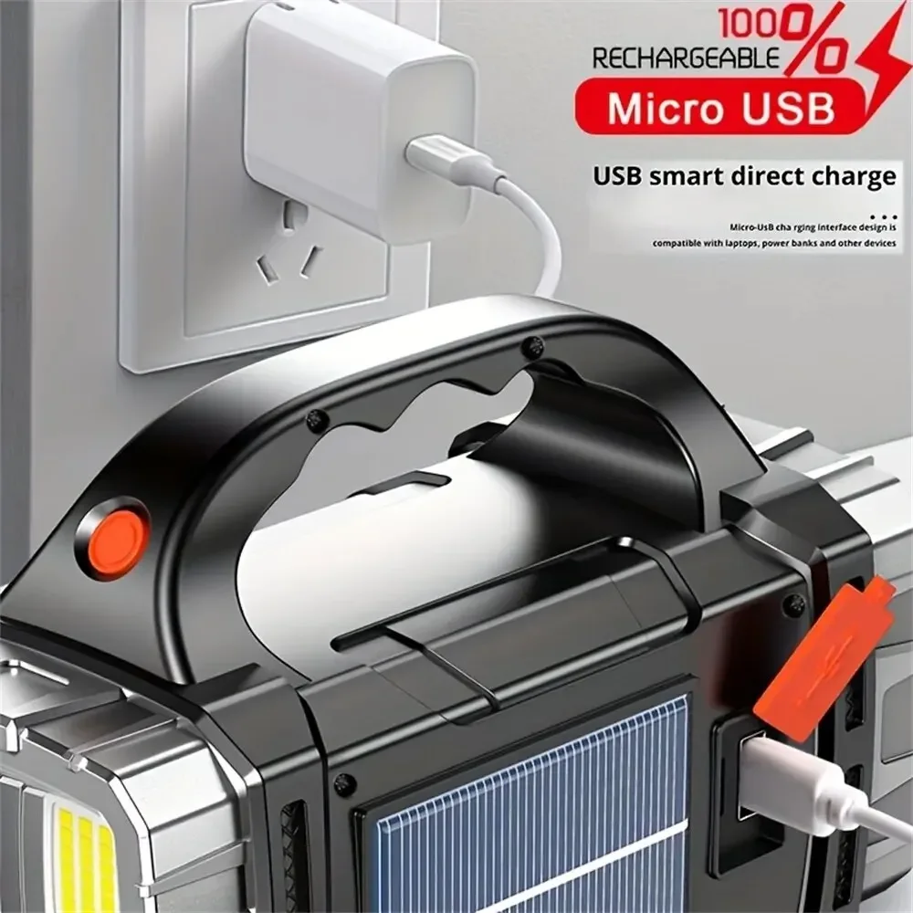 Lampe de poche LED multifonctionnelle - Luminosité, 7 modes, rechargeable solaire/USB, étanche, pour le camping et l'éclairage extérieur