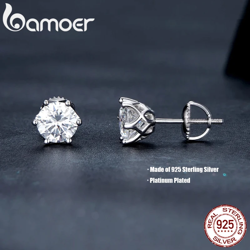 BAMOER Pendientes clásicos de moissanita, plata S925, color D, brillante, corte redondo, pendientes de compromiso de boda con diamantes creados en laboratorio