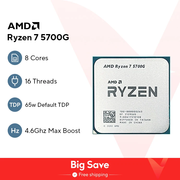 AMD Ryzen 7 5700G 3.8GHz Base Clock 8-Core 16-Thread Desktop Processor CPU, AM4 Socket, AMD Radeon Graphics, No Heatsink Fan