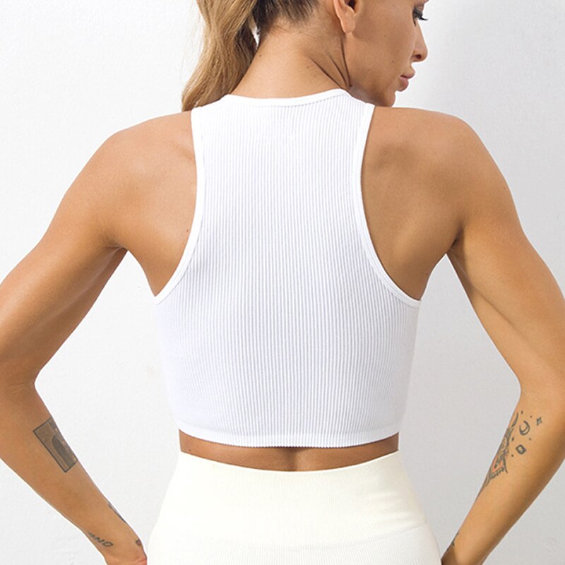 Chaleco de Yoga para mujer, Tops cortos deportivos de gimnasio en blanco y negro, ropa de calle sin costuras, camiseta sin mangas transpirable para entrenamiento de punto acanalado para mujer sin almohadillas