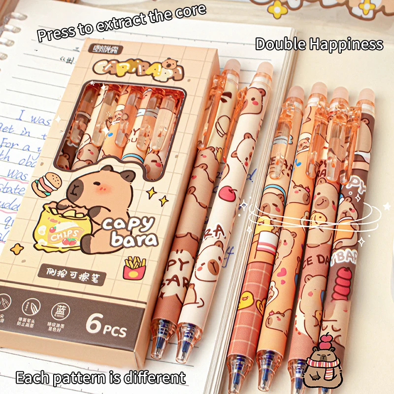 6 Stuks Leuke Capybara Gel Pennen Kawaii Pen Set Sneldrogende Blauw Uitwisbare Pennen Kantoor Schoolbenodigdheden Kawaii Esthetische briefpapier