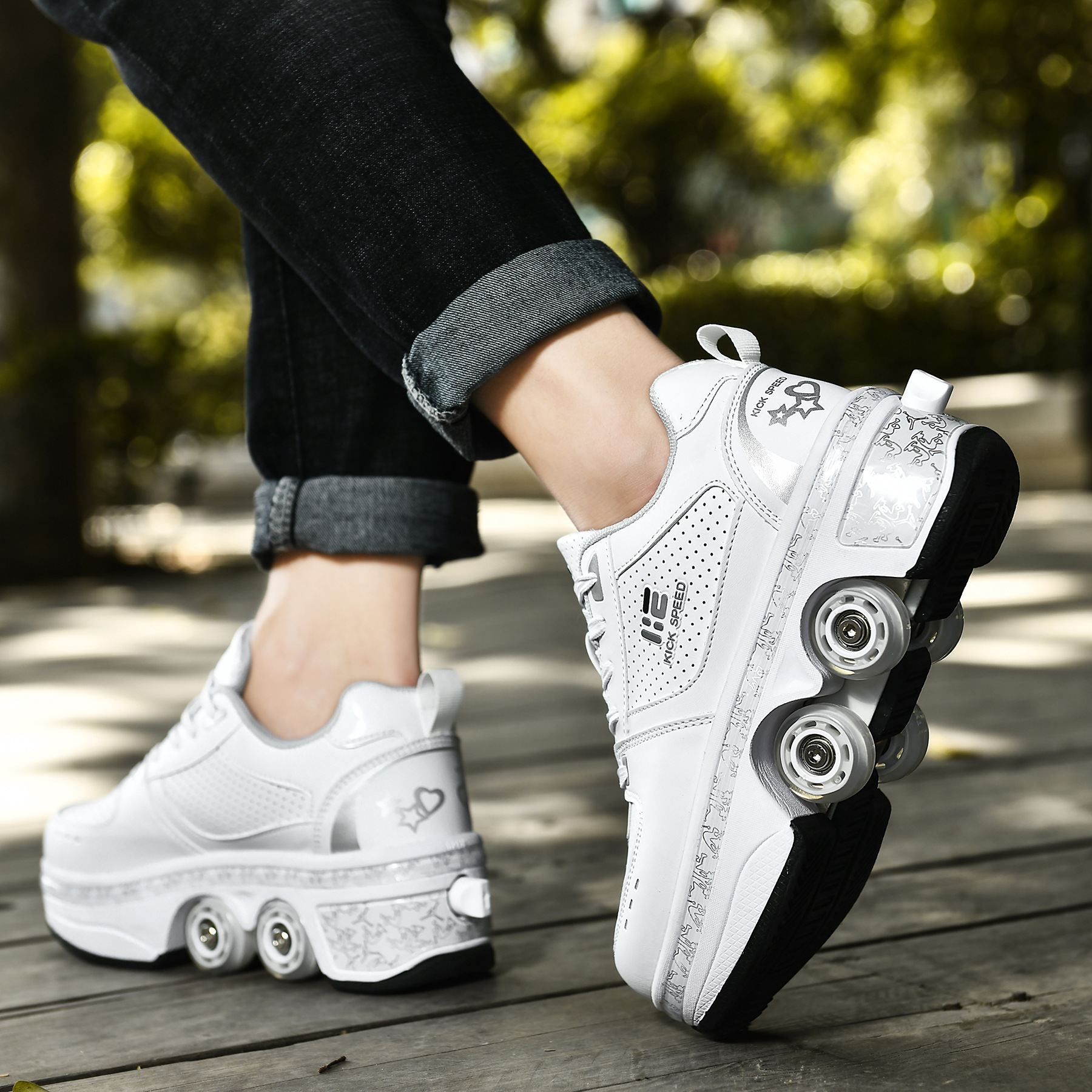 Deform ล้อคู่แถวรองเท้าผ้าใบ 4 ล้อ Breathable สเก็ต Roller รองเท้าที่มองไม่เห็นรอกการเปลี่ยนรูป Roller