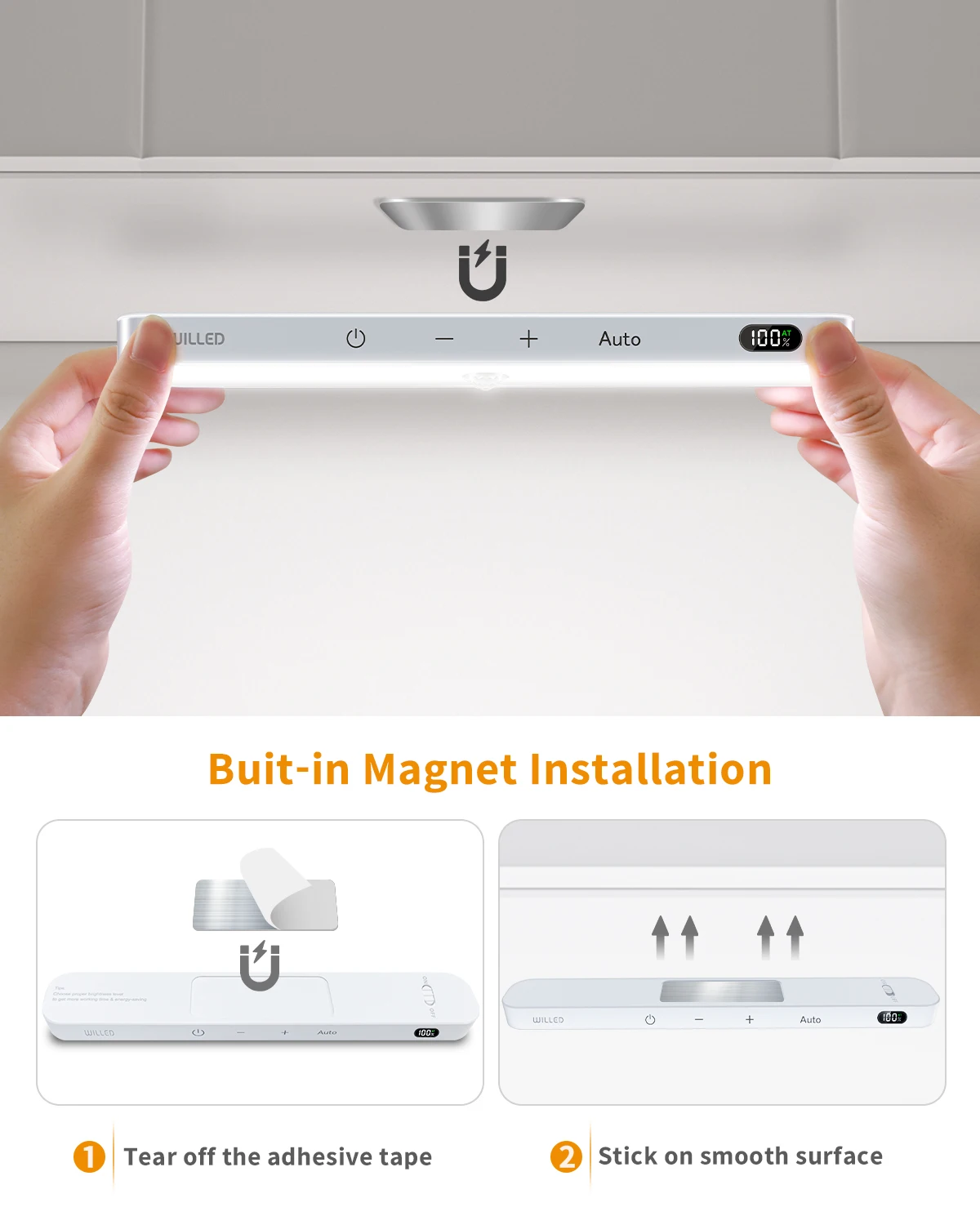 WILLED Under Cabinet Lights Rechargeable Battery Display 60 LED Touch Light Bar Motion Sensor Light Closet Light Night Lights