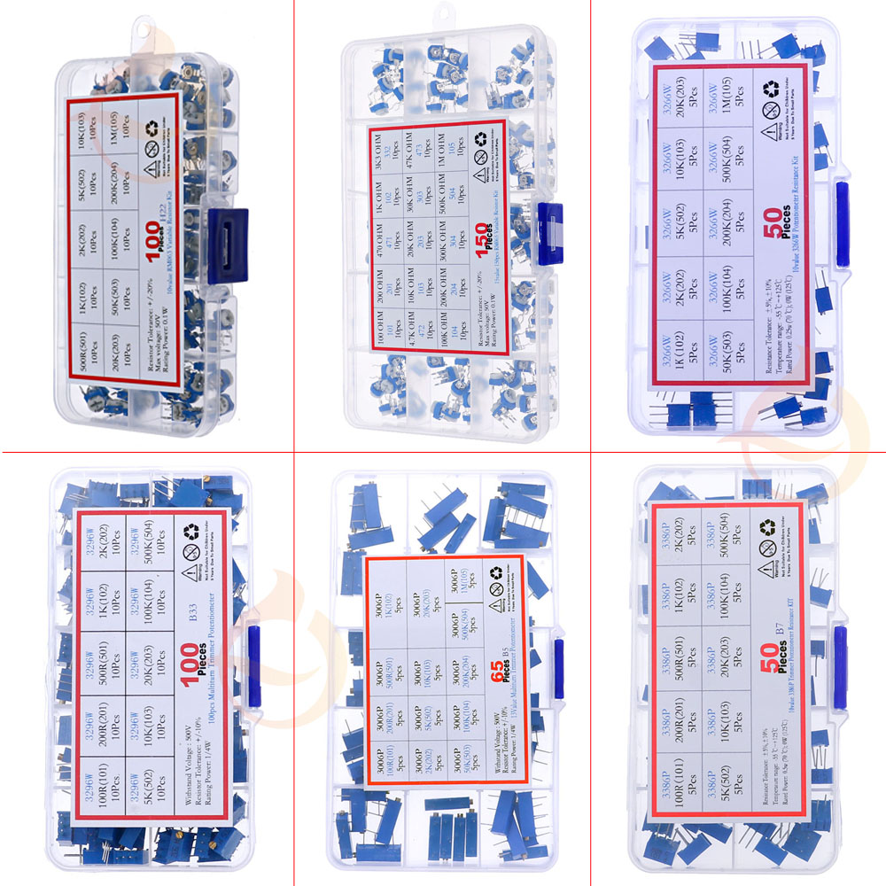 RM063 RM065 3296W 3296X 3362P 3386P 3266W 3006P 트리머 전위차계 키트 100 200 500ohm 1K 2K 5K 10K 20K 50K 100K 200K 500K 1M