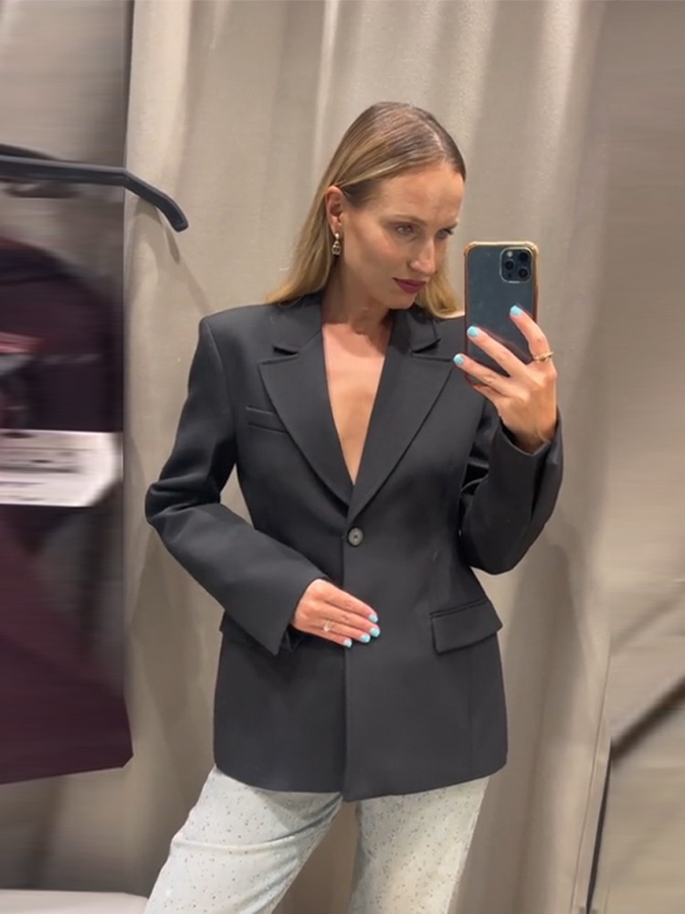 Elegante Schulterpolster, schlanke Anzugjacken für Damen, solides Revers, langärmelige Jacke, weiblich, 2025, Frühling, schicker täglicher Stil, Oberteile