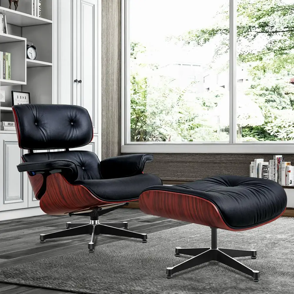Fauteuil inclinable classique TY302, branche d'acide profond, avec cuir de vache noir, grande tête, pied pivotant, meubles, Stock ue