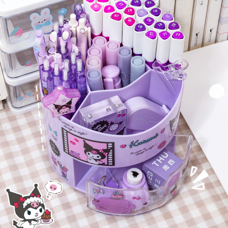 Вращающийся держатель для ручек Miniso Sanrio, ящик для хранения, настольный органайзер и наклейки Kawaii Sanrio Cinnamoroll, милые канцелярские принадлежности для девочек