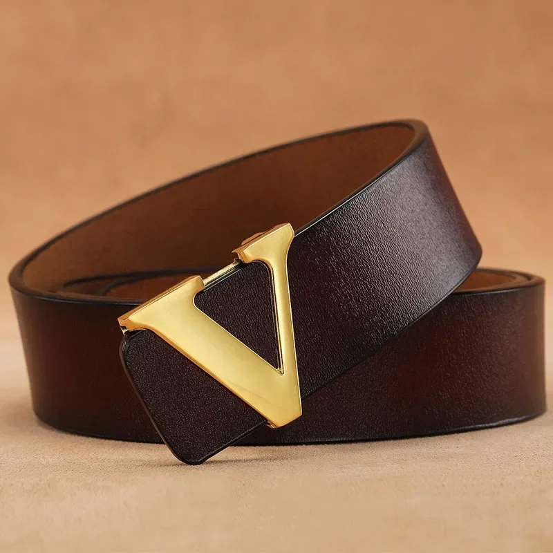 Cinturón con hebilla lisa de alta calidad para hombre, cinturón vaquero con letra V de piel de vaca pura de cuero genuino para hombre y mujer, cinturón masculino de lujo de diseñador