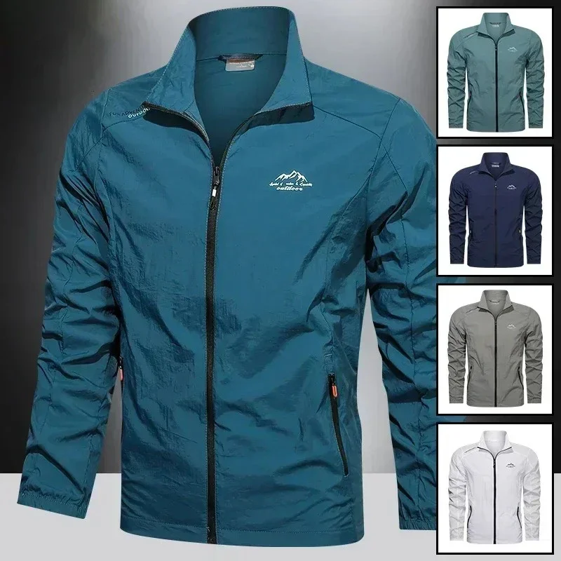 Upf100 + masculino verão blusão zip bolsos uv jaquetas de proteção solar respirável ultra-leve roupas ao ar livre pele casacos finos acampamento