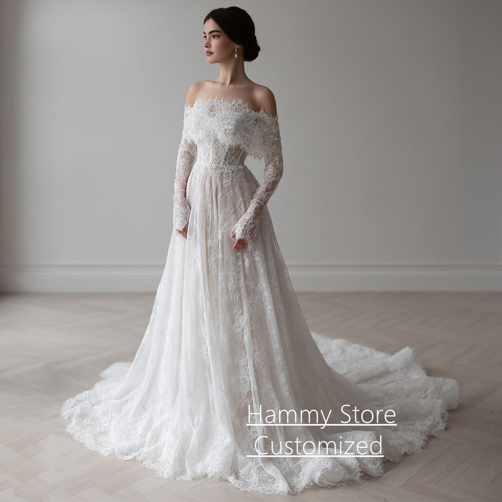 Requintado vestido de casamento de renda árabe personalizado fora do ombro mangas compridas pérolas uma linha espartilho vestido de noiva árabe