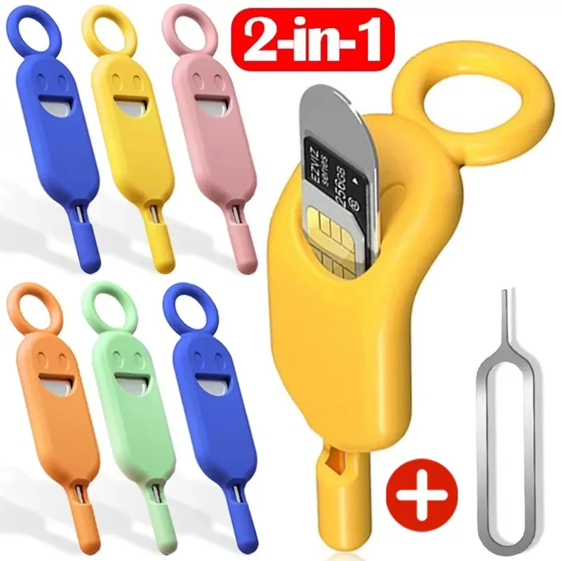 Herramienta de extracción de tarjeta SIM portátil 2 en 1, bandeja eyectora, abridor de Pin de aguja, antipérdida, teléfono, Tarjeta SIM TF, estuche de almacenamiento, llavero con dijes