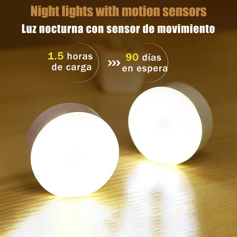 Luz nocturna LED recargable por USB con interruptor, lámpara inalámbrica magnética con sensor de movimiento, blanco cálido sin parpadeo para armario cama