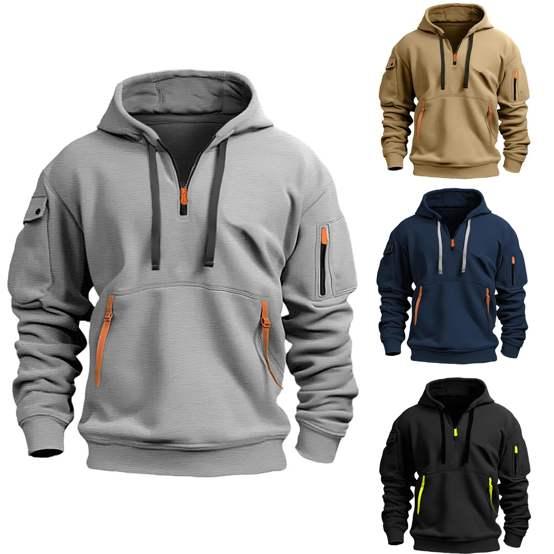2025 nova multi bolso zíper velo com capuz camisa casual para homens e mulheres plus size solto pulôver moda moletom topo