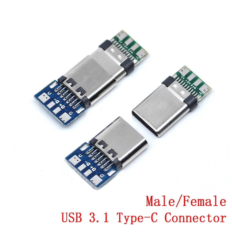 Conector USB 3,1 tipo C, adaptador de receptáculo de enchufe macho/hembra de 24 pines a Cable de soldadura y Cable de 24 pines, compatible con placa PCB, 10 Uds.