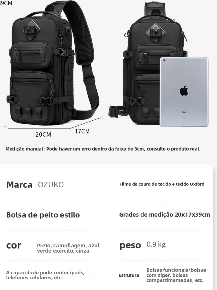 Bolsa Transversal OZUKO Impermeável para Viagens Curtas Estilo Urbano em Tecido Ox io com Forro de Poliéster e F d...