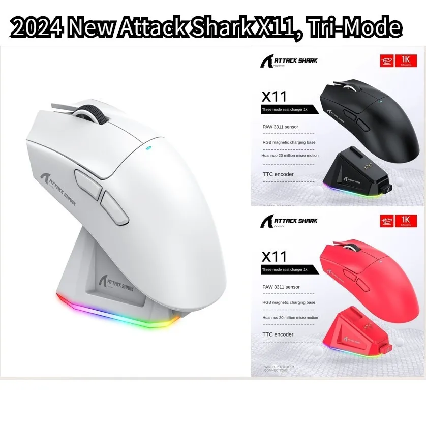 Mouse Bluetooth wireless Attack Shark X11 PAW3311, mouse da gioco per PC RGB 2.4G 400IPS