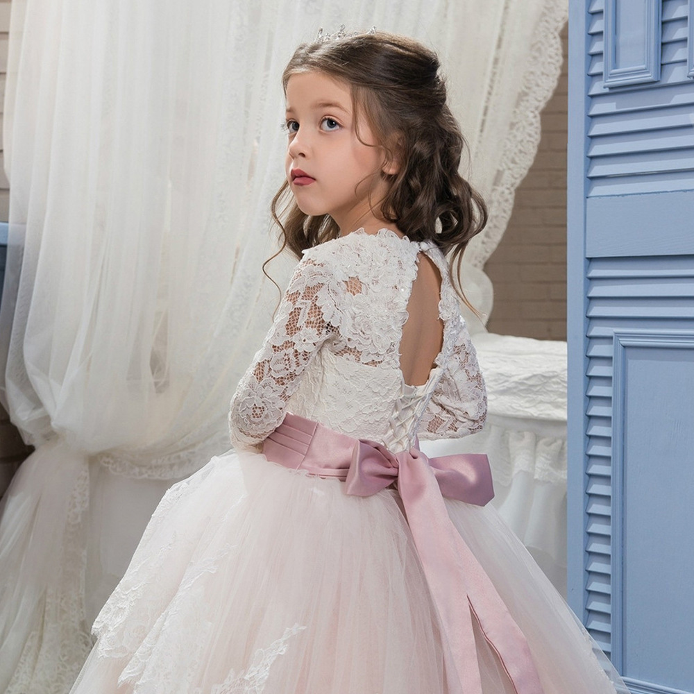 Süße Spitze Blumenmädchenkleider mit langen Ärmeln O-Ausschnitt formelles Kleid für kleine Mädchen Hochzeitsgastkleid Geburtstagsparty-Kleider