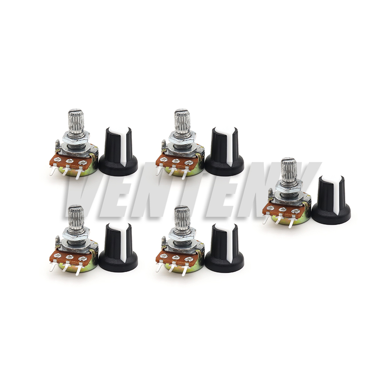 5 juegos WH148 1K 10K 20K 50K 100K 500K Ohm 15mm resistencia de potenciómetro giratorio cónico lineal de 3 pines para Arduino con tapa blanca AG2