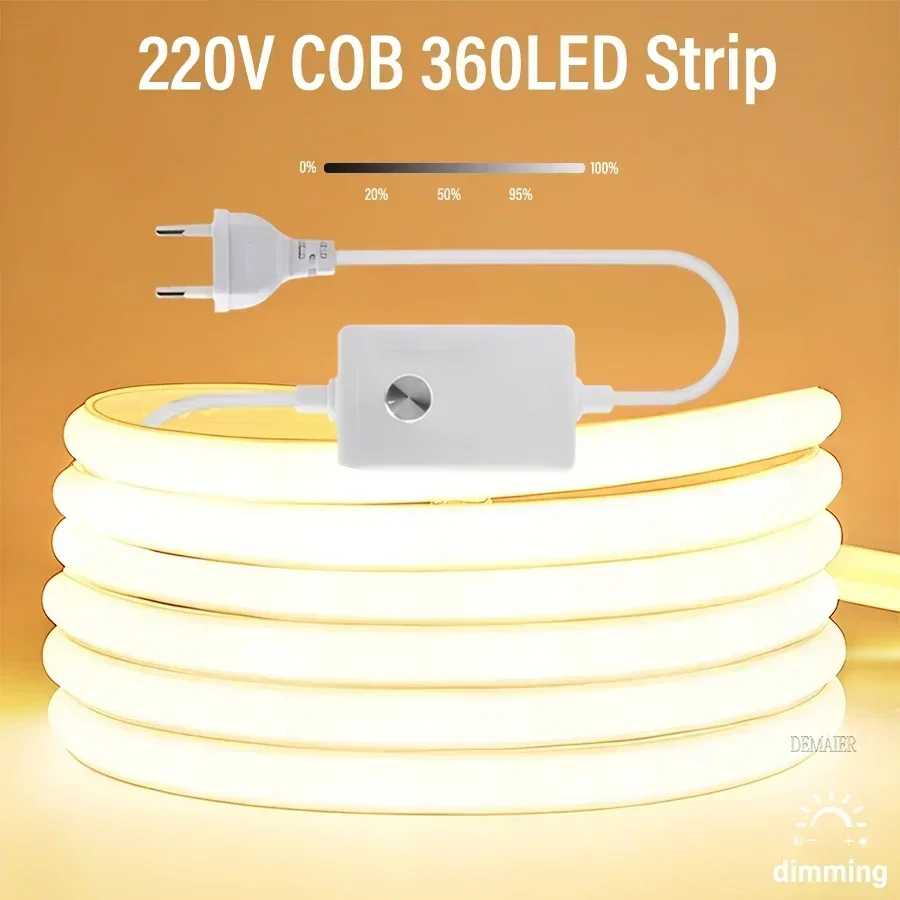 1M-100M 220V 110V COB LED Strip Light Super Bright 360LEDs/m waterproof With EU/ US Power Supply Switch Flexible Outdoor Lamp