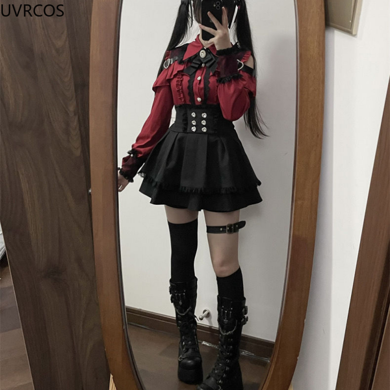 2024 日本黒ショートスカートセットゴシックフリルミニスカートセクシーなレースオフショルダーロリータシャツガウン段段段段 Y2k 美的スーツ