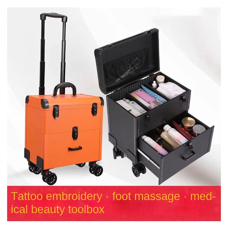 Cosméticos Trolley Mala com Mudo Spinner Rodas, Maquiagem Storage Toolbox, Toolbox Bordado, Beleza Nail Eyelashes
