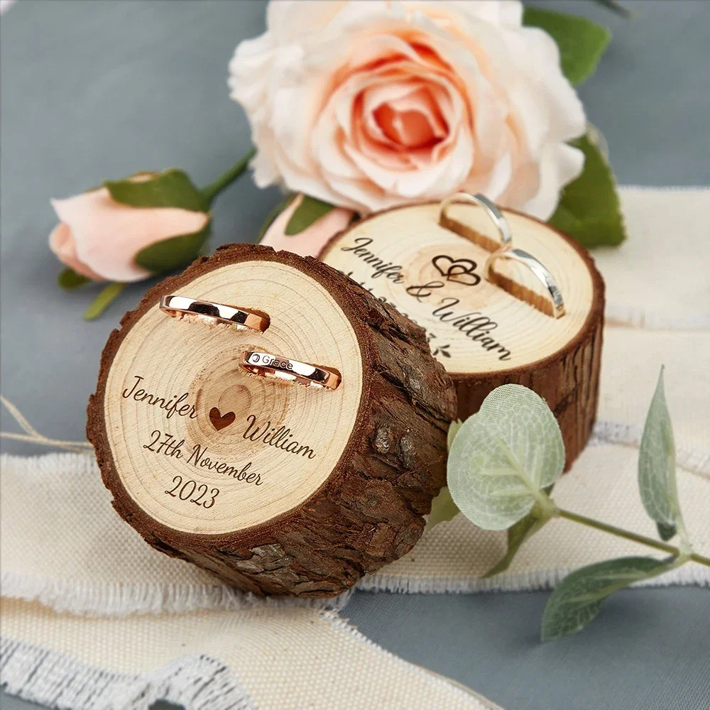 Wooden Double Slot Ring Box for Wedding Ceremony Engagement Anniversary Gift Engraved Ring Bearer Holder Box Free Personalised