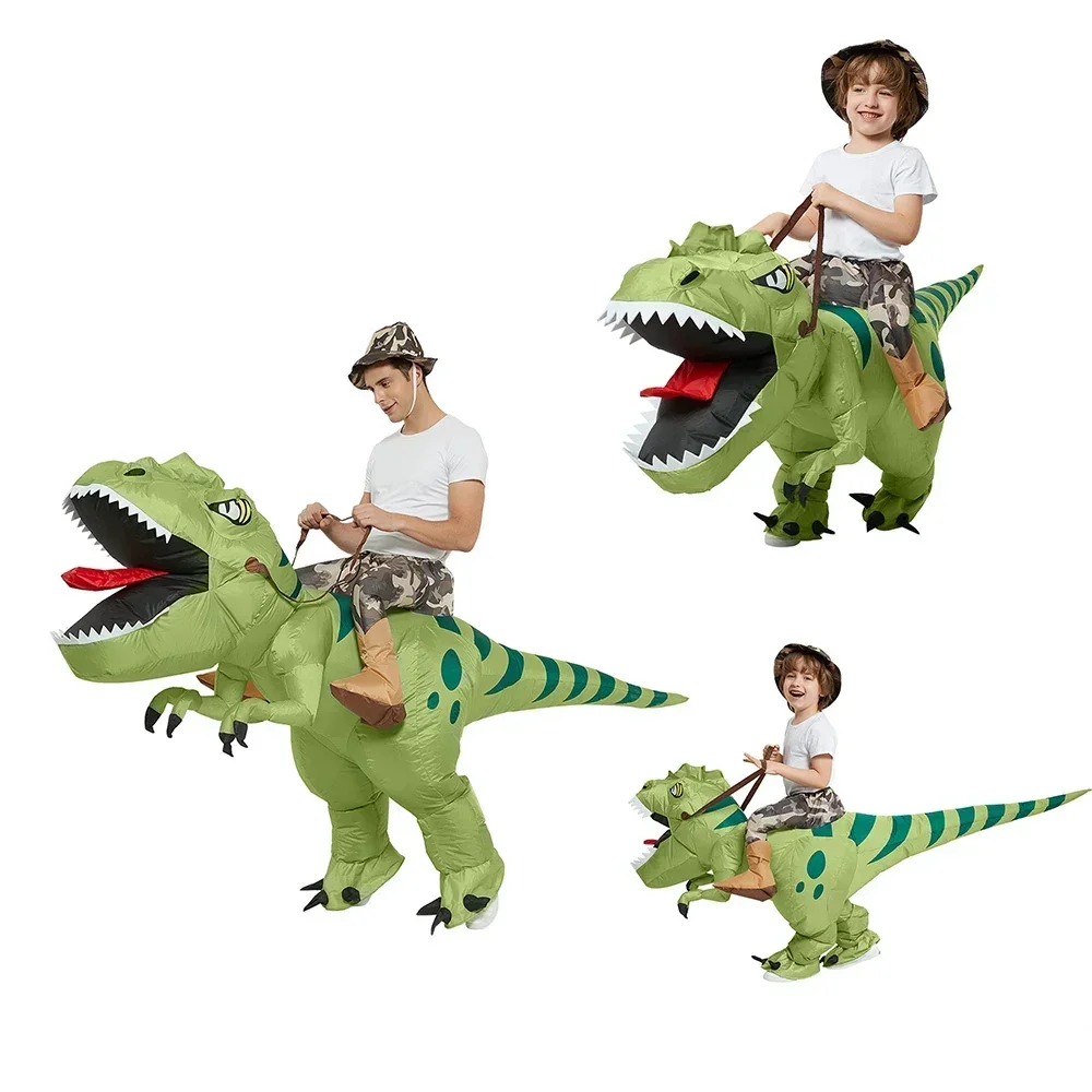 Nuova vendita calda divertente bambino adulto gonfiabile equitazione dinosauro verde costume cosplay bambini vestito operato festa a tema vacanza di Halloween