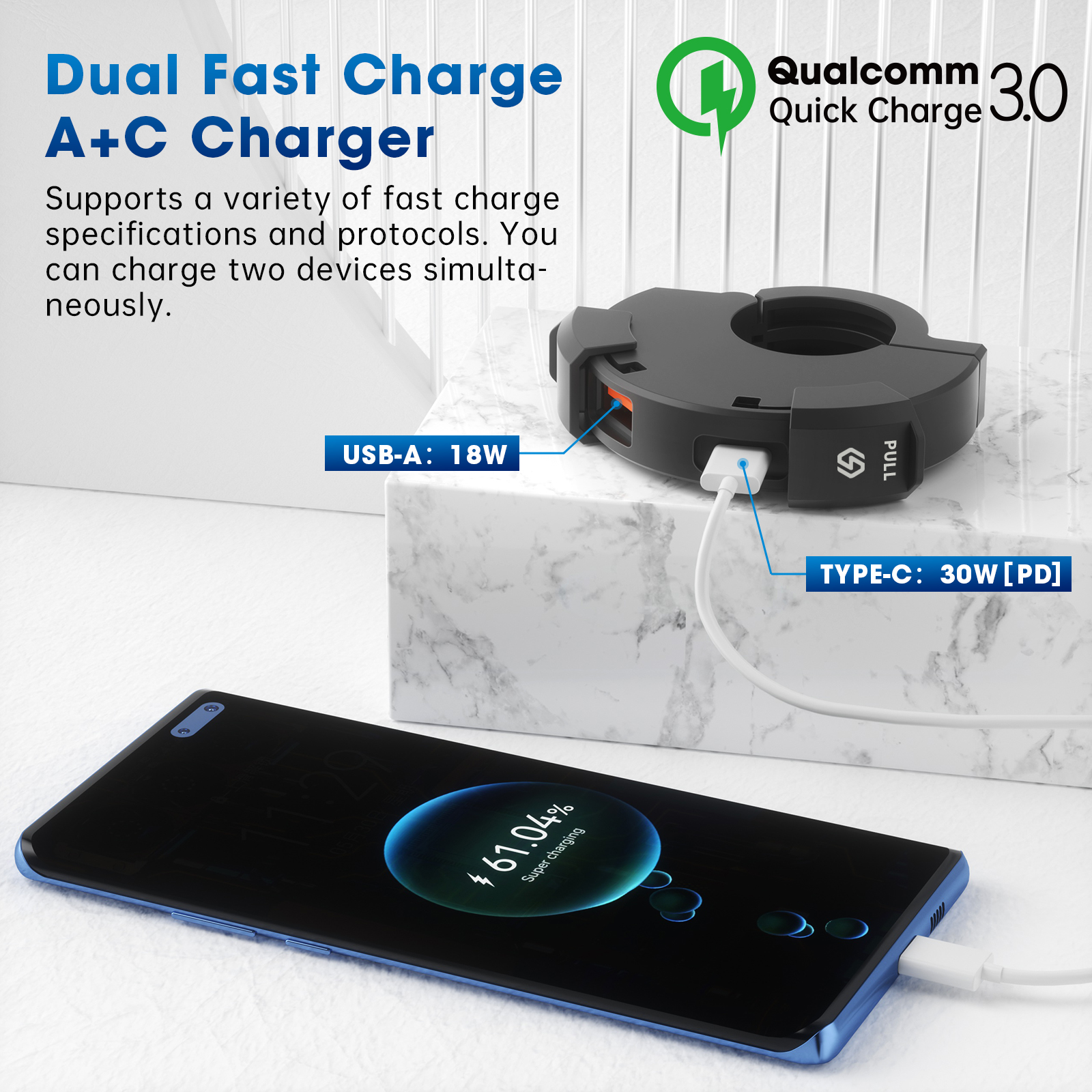 자전거 디지털 카메라 휴대폰용 방수 핸들바 장착 브래킷 충전기, QC3.0 오토바이 USB 고속 충전기, 30W