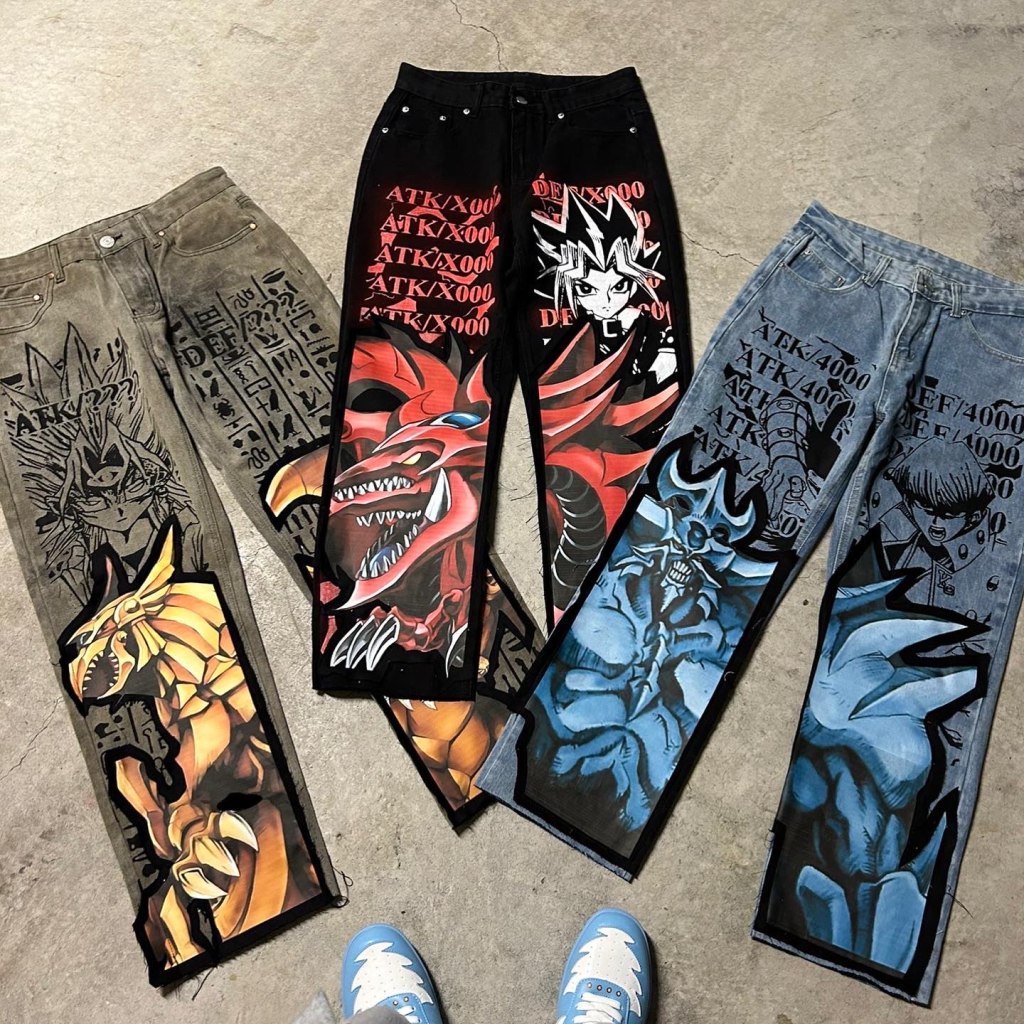 Harajuku Anime Druck Baggy Jeans neue weite Bein Denim Hosen y2k Herren Jeans Streetwear Vintage Paare Hosen Männer Kleidung