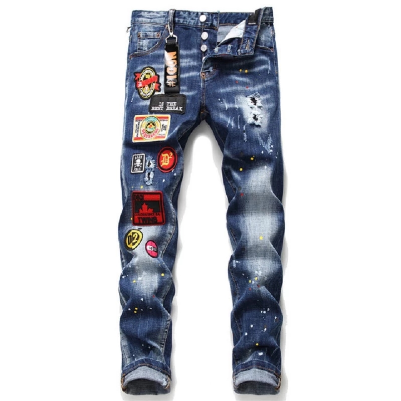 Herbst Winter Neue Gebrochene Loch Splashed Farbe Dünne Jeans Stick Tuch Elastische Blaue Bettler Hosen Denim Hosen