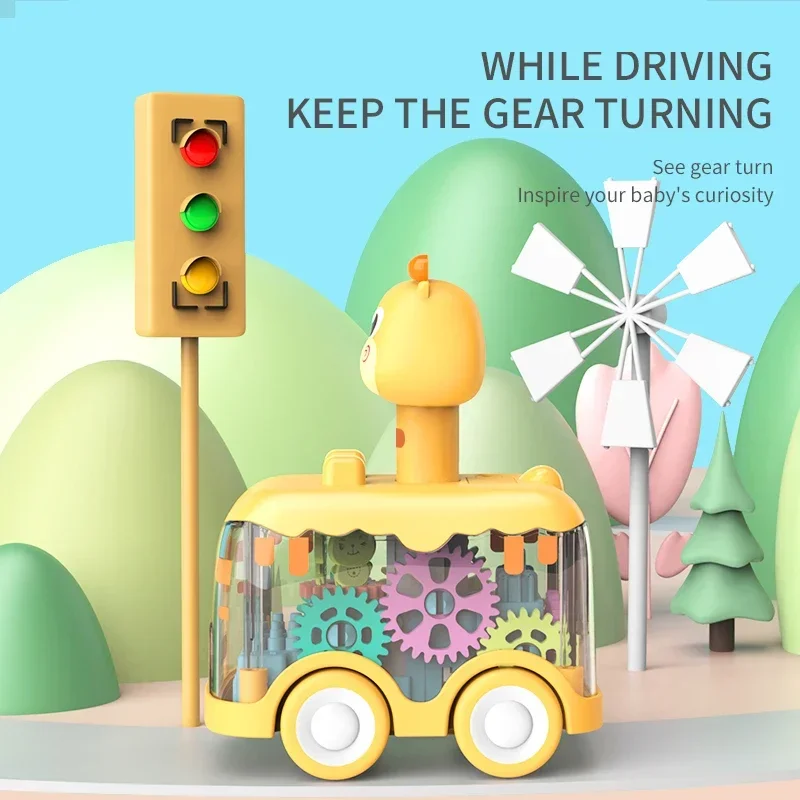 Press Gear Car Toy para crianças, puxar, puzzle inercial, animais, menino