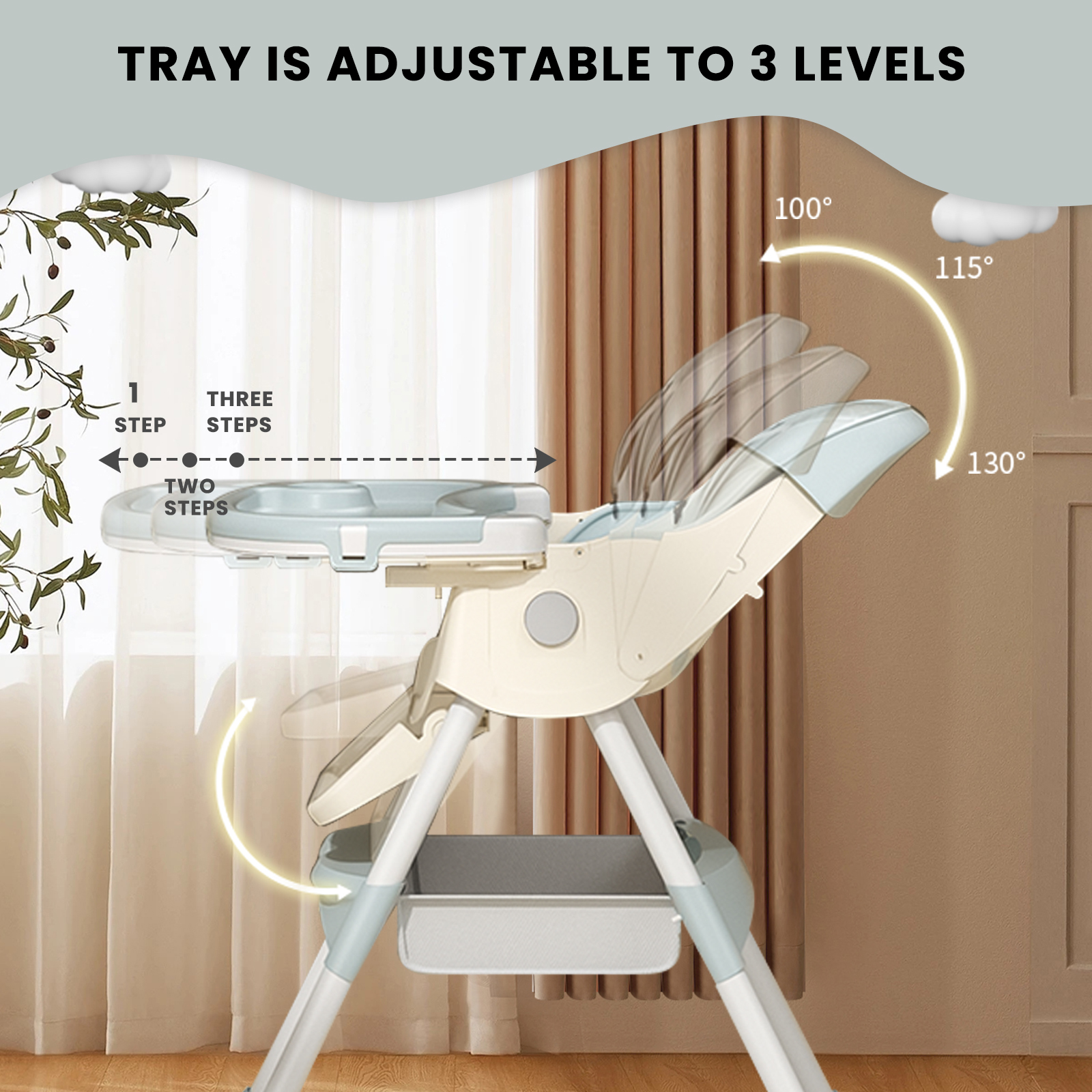 Cadeira alta dobrável para bebês, cadeira infantil, cadeira alta conversível para jantar e brincar, conforto com bandeja dupla e suporte para brinquedos